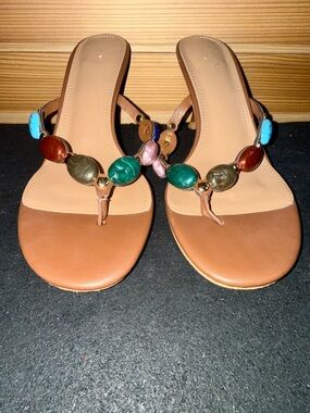 Earth Tone Faux Brown Slip On sandal  Multicolor Bead Detail